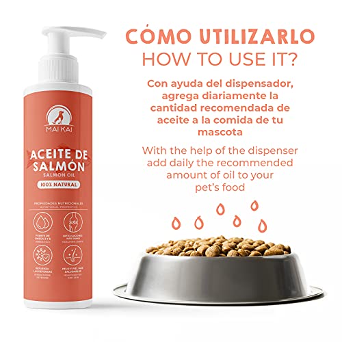 MAIKAI Aceite de Salmon Perros y Gatos (500 ml) 100% Natural Ácidos grasos Omega 3 y 6 - Antiinflamatorio para Perros Natural - Salud de los Huesos, Piel y Pelo -Dieta Barf - Vitaminas Perros(500 ml)