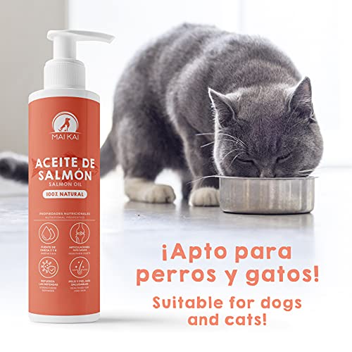 MAIKAI Aceite de Salmon Perros y Gatos (500 ml) 100% Natural Ácidos grasos Omega 3 y 6 - Antiinflamatorio para Perros Natural - Salud de los Huesos, Piel y Pelo -Dieta Barf - Vitaminas Perros(500 ml)