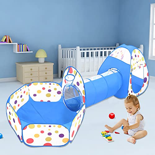 MAIKEHIGH Tienda Campaña Infantil, 3 en 1 Plegable Pop-up Piscina de Bolas con Tunel para Regalo de Cumpleaños para Niños Niñas en el Exterior Azul (Pelota No Incluida)