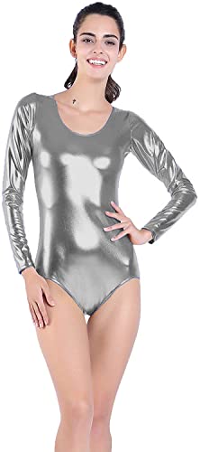 Maillot Ballet Brillo Mujer, Maillot gimnasia ritmica Mujer, Mallot de ballet/danza Manga Larga,Camiseta Body para Mujer, Leotardos de Color Surtido y Brillante (S, Plateado)