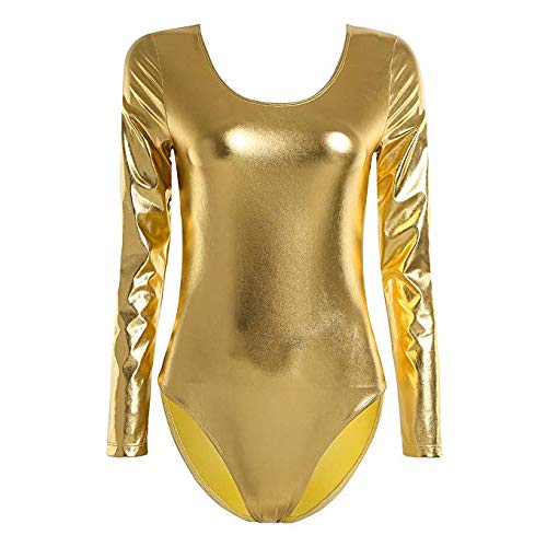 Maillot Ballet Danza Mujer de Manga Larga y Cuello Redondo (Dorado, M)