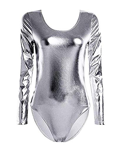 Maillot Ballet Danza Mujer de Manga Larga y Cuello Redondo (Plateado, XL)