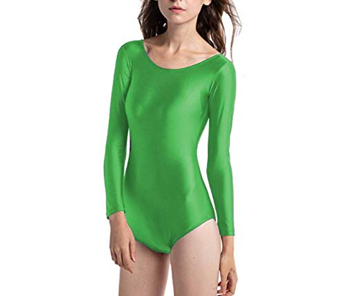 Maillot Ballet Danza Mujer de Manga Larga y Cuello Redondo (Verde, S)