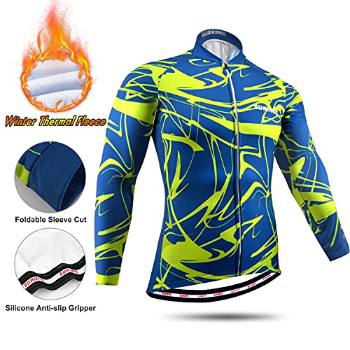 Maillot Ciclismo Invierno Hombre Manga Larga, Ropa Ciclismo Forro Polar Térmico con Cremallera Completa, Tira Reflectante y y Pantalón con Pechera Ciclismo para Mantener el Calor, Azul, M