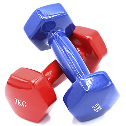 Mancuernas con Revestimiento de Vinilo, Pack DE 2. Color Azul. Peso de 3 Kilos. Gimnasio en casa, Ejercicios Ligeros. Mantente en Forma.