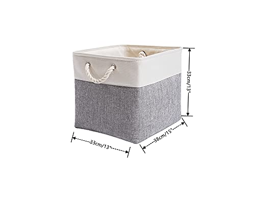 Mangata Cajas Almacenaje, 33 x 38 x 33 cm Cestas almacenaje de Lona Engrosada Plegable con Asas de Cuerda para Ropa, Juguetes (Gris/Blanco, 3 Pack)