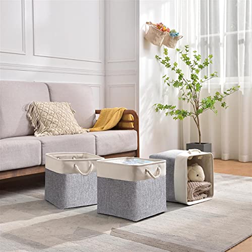 Mangata Cajas Almacenaje, 33 x 38 x 33 cm Cestas almacenaje de Lona Engrosada Plegable con Asas de Cuerda para Ropa, Juguetes (Gris/Blanco, 3 Pack)