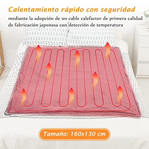 Manta Electrica grande Termica Cama 160x130cm, 10 niveles de calor y temporizador de apagado automático de 1~9 horas y pantalla digital, lavable a máquina, Sherpa de franela, certificado ETL