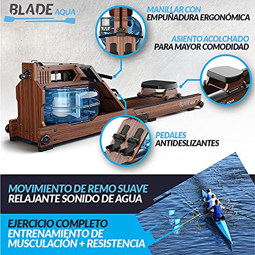 Máquina de Remo Blade Aqua W-1, Madera y Agua / 100% Fresno Americano de Cultivo Sostenible / Equipo de Gimnasia en Casa Plegable / Consola LCD + Monitor de Ritmo Cardiaco / App Kinomap