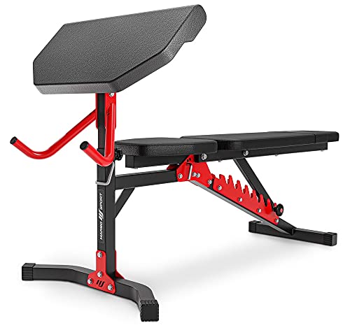 Marbo Sport Set MH25 2.0| banco de pesas ajustable + soporte de pesas MH-S201 + entrenador de piernas + jalón lateral + banco Scott + barra / juego de placas de pesas 113 kg | Made in EU