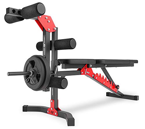 Marbo Sport Set MH25 2.0| banco de pesas ajustable + soporte de pesas MH-S201 + entrenador de piernas + jalón lateral + banco Scott + barra / juego de placas de pesas 113 kg | Made in EU