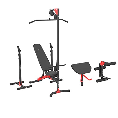 Marbo Sport Set MH25 2.0| banco de pesas ajustable + soporte de pesas MH-S201 + entrenador de piernas + jalón lateral + banco Scott + barra / juego de placas de pesas 113 kg | Made in EU