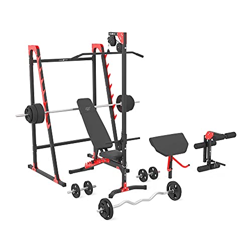 Marbo Sport Set MH26_147KG_KIER 2.0 |banco de pesas ajustable + soporte de barra + entrenador de piernas + jalón lateral + banco Scott + barra / juego de placas de pesas 83 kg| Made in EU