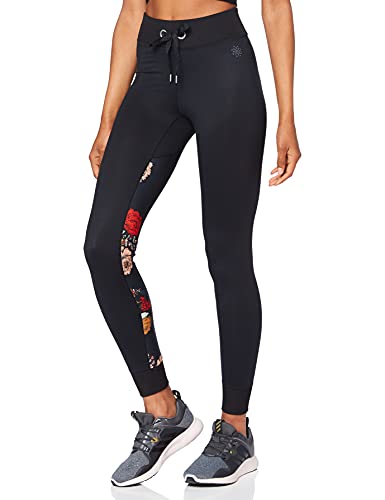 Marca Amazon - AURIQUE Super Soft Contrast Print - Mallas de entrenamiento Mujer, Negro (Black/Floral Print), 38, Label:S