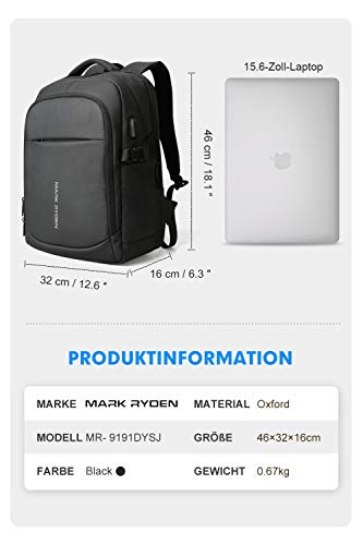 MARK RYDEN Mochila para portátil Antirrobo Mochila de Negocios Impermeable para Hombre Mochila Escolares con Puerto de USB para Ordenador 15.6 Pulgadas(Negro 4.0)