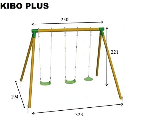 MASGAMES | Columpio de Madera KIBO Plus | 2 Asientos Planos de plástico y Cuerdas Regulables + Asiento ovni | Madera tratada | Anclajes incluidos | Uso doméstico |