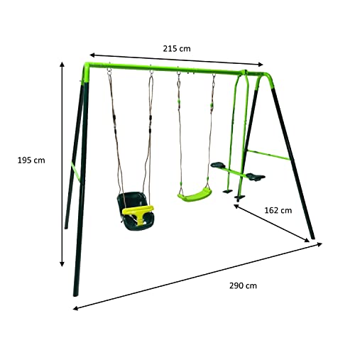 MASGAMES | Columpio metálico | Anclajes para Suelo de Arena o césped incluidos | Uso doméstico | (GINGO Asientos Planos + Asiento bebé Extra)