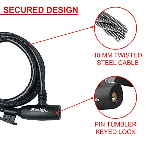 MASTER LOCK Candado Bicicleta [1,8 m Cable] [Llave] [Flexible Montaje] [Exterior] 8232EURDPRO - Ideal para Bicicleta, Monopatín, Paseante, Cortacésped y Otro Equipo