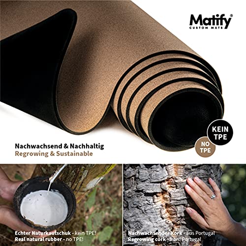 MATIFY® La esterilla de yoga personalizada de corcho y caucho natural / 100% sostenible y libre de sustancias nocivas / Esterilla de gimnasia natural y antideslizante / 1850 x 660 x 4 mm