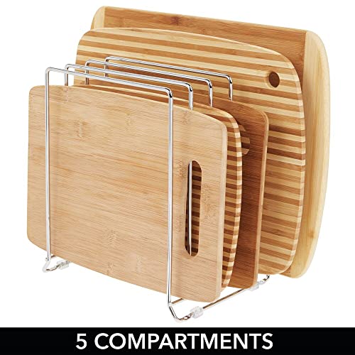 mDesign Soporte para bandejas de horno en metal – Compacto organizador de tapaderas para los armarios – Platero de cocina para guardar utensilios ahorrando espacio – plateado