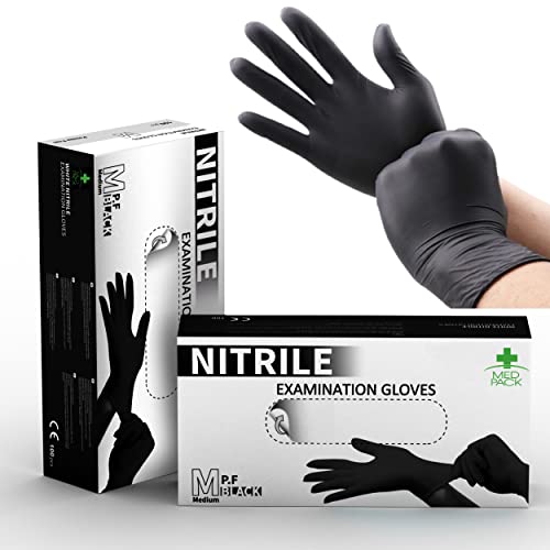 MED PACK Guantes Nitrilo desechables, negros, sin látex, ajustables y elásticos, ideales para uso alimentario, estetista, sin polvo ni talco (100, M)