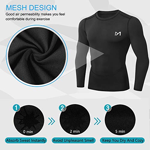 MEETYOO Camiseta Compresion Hombre, Ropa Deportiva Manga Larga Base Layers para Running Gym Ciclismo, Negro, S