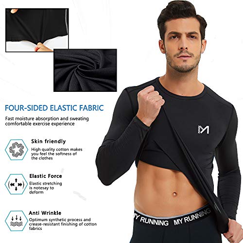 MEETYOO Camiseta Compresion Hombre, Ropa Deportiva Manga Larga Base Layers para Running Gym Ciclismo, Negro, S