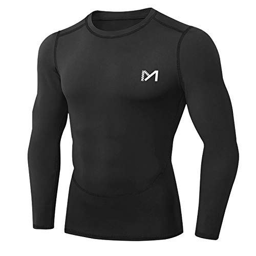 MEETYOO Camiseta Compresion Hombre, Ropa Deportiva Manga Larga Base Layers para Running Gym Ciclismo, Negro, S