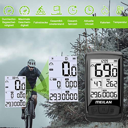 MEILAN M4 Computadora de Bicicleta Inalámbrica, ANT+ BLE4.0 Velocímetro de Bicicleta con Sensor de Cadencia / Velocidad, IPX5 Impermeable Computadora de Ciclismo con pantalla LCD de 2,5 pulgadas