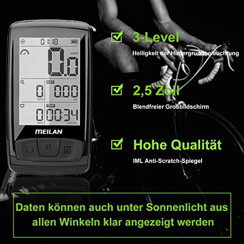 MEILAN M4 Computadora de Bicicleta Inalámbrica, ANT+ BLE4.0 Velocímetro de Bicicleta con Sensor de Cadencia / Velocidad, IPX5 Impermeable Computadora de Ciclismo con pantalla LCD de 2,5 pulgadas