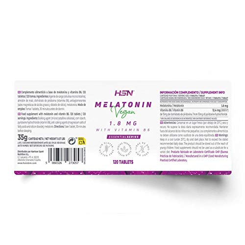 Melatonina 1,8mg de HSN | 120 Tabletas de Acción Rápida | La Melatonina contribuye a disminuir el tiempo necesario para conciliar el Sueño + Aliviar Jet Lag | No-GMO, Vegano, Sin Gluten