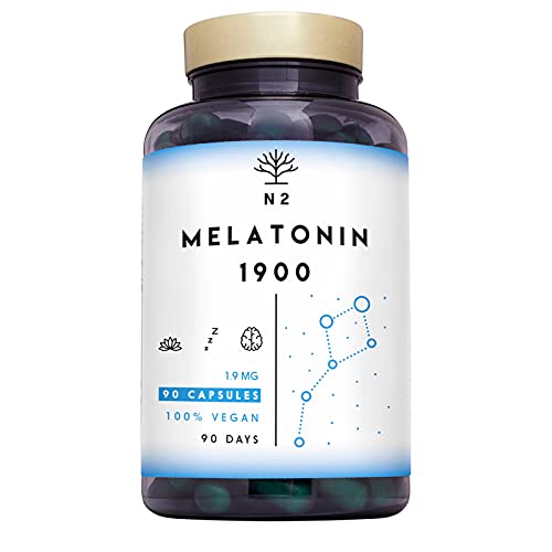 Melatonina 1,9 mg con 5-HTP, Vitamina B6, Griffonia. Natural y Vegano. Alta Dosis. Ayuda con el insomnio, trastornos del sueño. Pastillas para dormir, Ansiedad. 90 Capsulas N2 Natural Nutrition