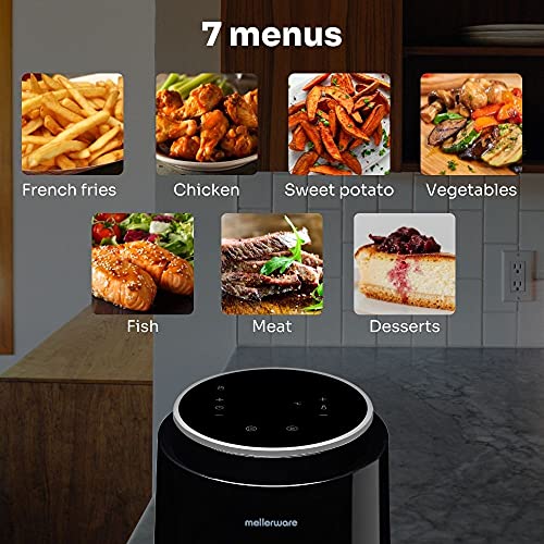 Mellerware - Freidora sin Aceite Crunchy! 1230W | 7 Programas Predefinidos | Temporizador Programable | Air Fryer 80-200 Grados | Diseño Compacto| 1,4L | Sin BPA/PFOA | Freidora de Aire | (Black)