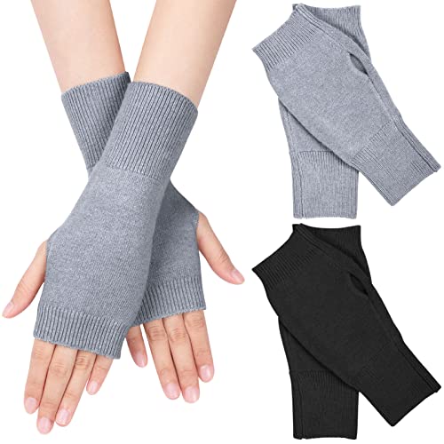 MELLIEX 2 Pares Guantes sin Dedos, Manoplas de Punto de Invierno Calentadores de Muñecas Mitones para Hombres y Mujeres (Negro/Gris)