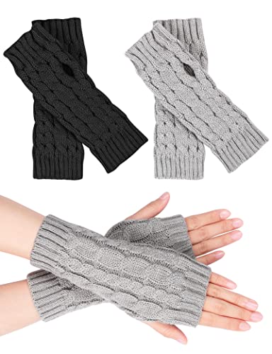 MELLIEX 2 Pares Guantes sin Dedos, Mitones Manoplas de Punto de Invierno Calentadores de Muñecas para Hombres y Mujeres (Negro/Gris)