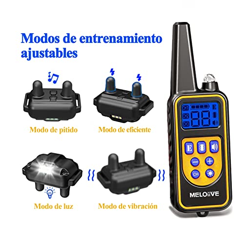 Meloive Collar de Adiestramiento Dos Perros, Recargable y Resistencia al Agua de IP67 con un Alcance de 800m con 99 Niveles de Modo de Vibración, Advertencia de Sonido, Luz y Modo E.