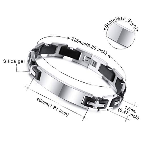 MeMeDIY Pulsera Personalizada Banda de Muñeca Etiqueta de Identificación Grabada para Hombres Niños Mujeres Cadena de Goma de Acero Inoxidable Color Plata