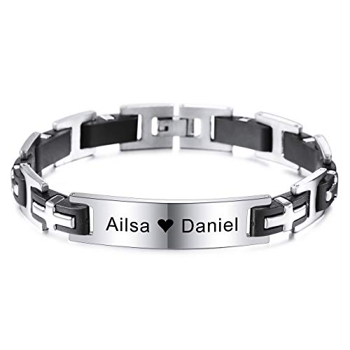 MeMeDIY Pulsera Personalizada Banda de Muñeca Etiqueta de Identificación Grabada para Hombres Niños Mujeres Cadena de Goma de Acero Inoxidable Color Plata