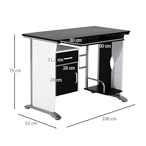 Mesa de Ordenador Escritorio de Oficina Mesa de PC Mesa con Armario para Hogar Escuela y Oficina Mobiliario 100x52x75cm Madera Negro y Plata