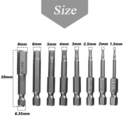 Mesee Juego de 8 puntas de destornillador hexagonales magnéticos de acero S2, H1.5-H8, broca de llave Allen con vástago hexagonal de 1/4 pulgadas, longitud de 50 mm