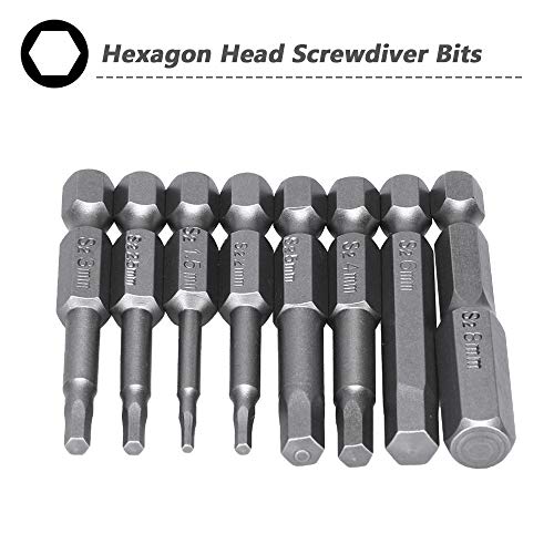 Mesee Juego de 8 puntas de destornillador hexagonales magnéticos de acero S2, H1.5-H8, broca de llave Allen con vástago hexagonal de 1/4 pulgadas, longitud de 50 mm