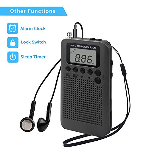 Mini Radio Portatil Pequeña Digital Radio de Bolsillo con Altavoz de Sonido Reloj Despertador FM/Am Estéreo DSP Tuning Receptor con Auriculares para Casa Ducha Cocina Correr Caminar Senderismo