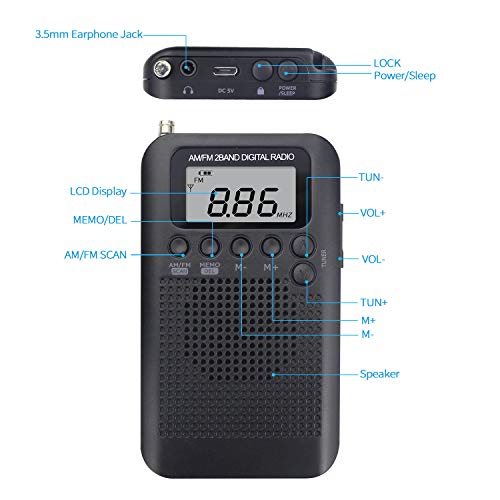 Mini Radio Portatil Pequeña Digital Radio de Bolsillo con Altavoz de Sonido Reloj Despertador FM/Am Estéreo DSP Tuning Receptor con Auriculares para Casa Ducha Cocina Correr Caminar Senderismo