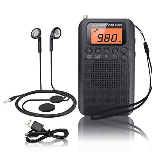 Mini Radio Portatil Pequeña Digital Radio de Bolsillo con Altavoz de Sonido Reloj Despertador FM/Am Estéreo DSP Tuning Receptor con Auriculares para Casa Ducha Cocina Correr Caminar Senderismo