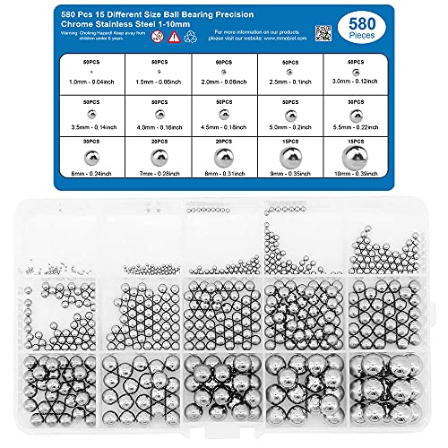 MMOBIEL 580 piezas rodamientos de bolas de 15 tamaños diferentes de acero inoxidable cromado de 1 a 10 mm para bicicleta, monopatín, moto, cajón, reparación de puertas