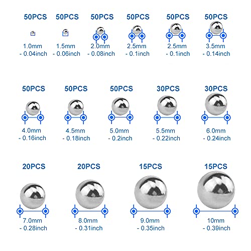MMOBIEL 580 piezas rodamientos de bolas de 15 tamaños diferentes de acero inoxidable cromado de 1 a 10 mm para bicicleta, monopatín, moto, cajón, reparación de puertas