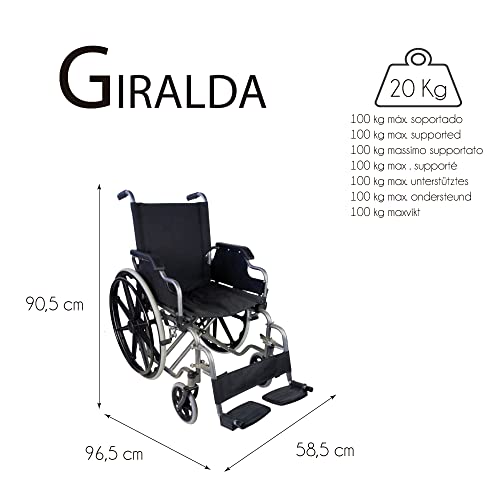 Mobiclinic, Giralda, Silla de ruedas ortopédica, plegable, autopropulsable, para minusválidos y ancianos, reposapiés extraíbles y reposabrazos abatibles, ultraligera, negro, asiento: 43 cm