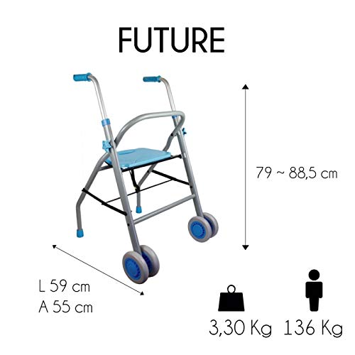 Mobiclinic , Modelo Future , Andador para mayores, adultos, ancianos o minusválidos, de acero y aluminio, ligero, plegable, con asiento y ruedas , Color Celeste