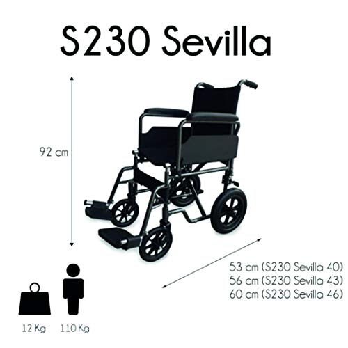 Mobiclinic, Modelo S230 Sevilla, Silla de ruedas para minusválidos y ancianos, de tránsito, plegable, ortopédica, reposapiés, reposabrazos, ligera, negro, asiento 46 cm