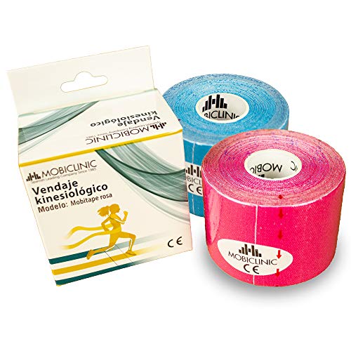 Mobiclinic, Pack de 2 Kinesiotape, Mobitape, Venda Neuromuscular Adhesiva, Alivio dolor muscular, Elásticas, Impermeable, Vendaje kinesiológico, Apto para múltiples zonas, Rollo, 5x5cm, Rosa y Azul